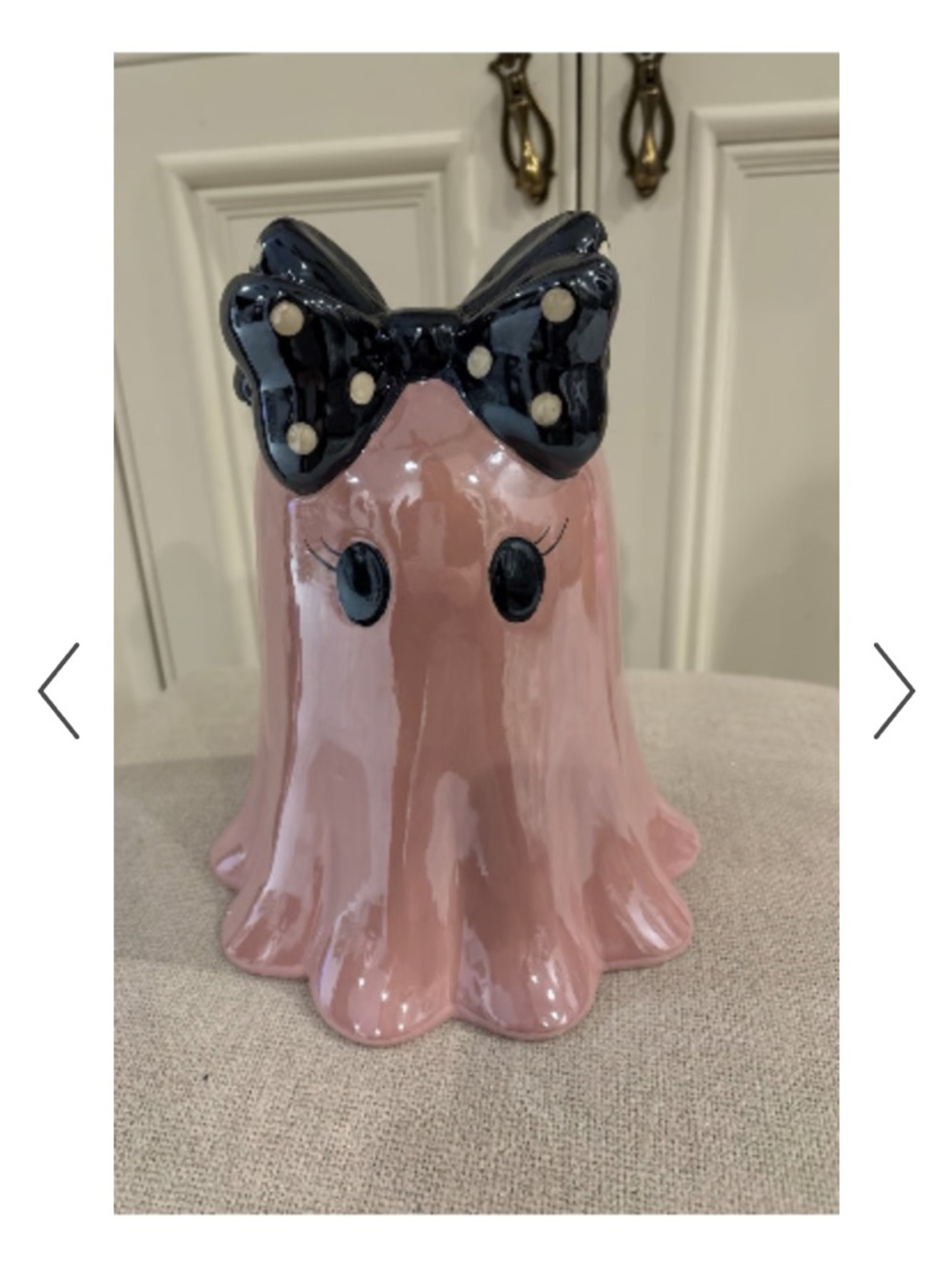 Pink Ceramic Ghost Figurine with Black Polka Dot Bow - Decorative Home Accent